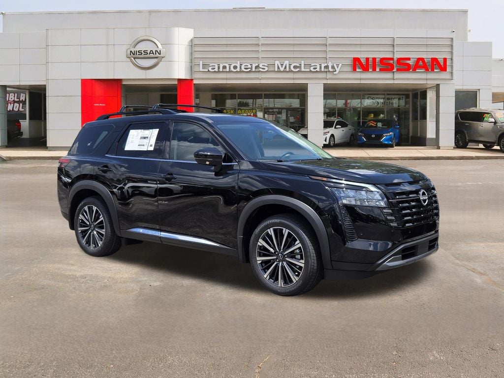 2026 Nissan Pathfinder Platinum in Super Black — front three-quarter view
